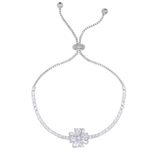 Cubic Zirconia Flower Adjustable Bracelet in Silver Plate