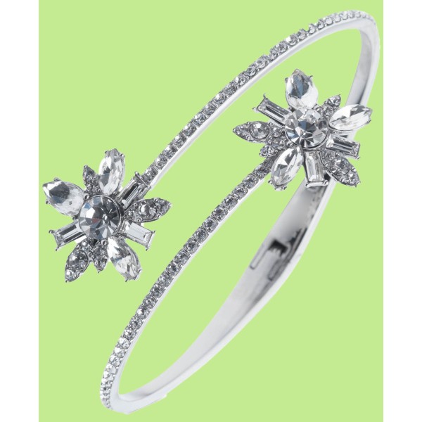 Silver-Tone Crystal Flower Cluster Bypass Bangle Bracelet