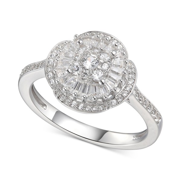 Cubic Zirconia Baguette Cluster Halo Ring in Sterling Silver