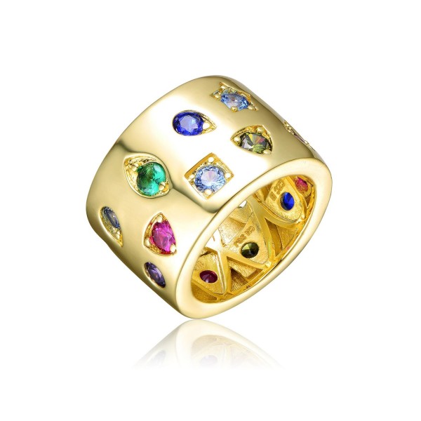 14K Gold Plated Wide Band Ring with Spotted Multi-Colored Cubic Zirconia