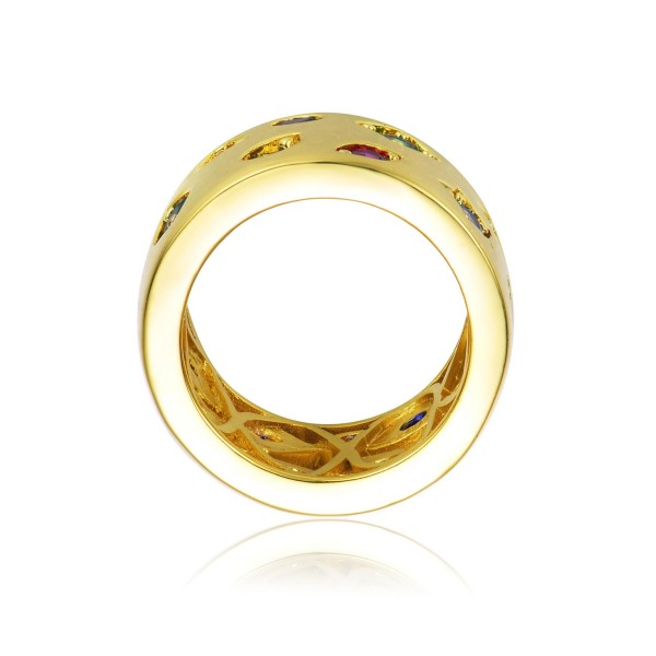 14K Gold Plated Wide Band Ring with Spotted Multi-Colored Cubic Zirconia