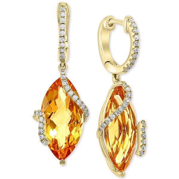 Citrine & Diamond Drop Earrings in 14k Gold