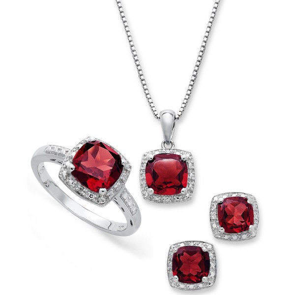 Garnet (4-3/4 ct) and Diamond Accent Necklace, Earrings and Ring Set