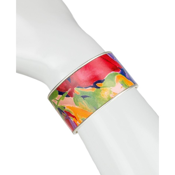 Silver-Tone Floral-Print Leather Cuff Bracelet