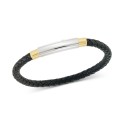 Two-Tone Woven Black Leather Bracelet in Stainless Steel & Yellow Ion-Plate