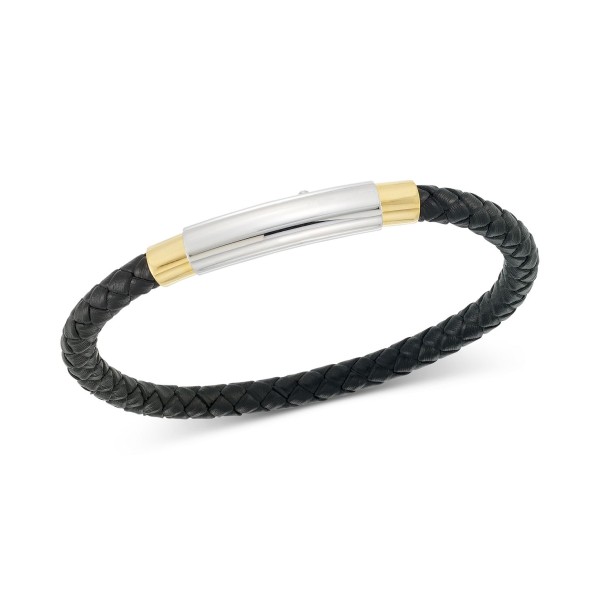 Two-Tone Woven Black Leather Bracelet in Stainless Steel & Yellow Ion-Plate