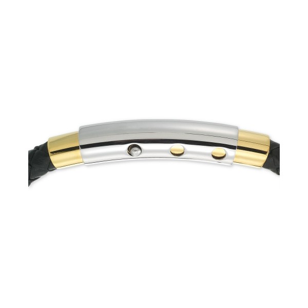 Two-Tone Woven Black Leather Bracelet in Stainless Steel & Yellow Ion-Plate