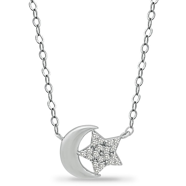 Cubic Zirconia Moon & Star Pendant Necklace in Sterling Silver, 16