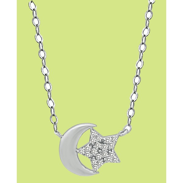 Cubic Zirconia Moon & Star Pendant Necklace in Sterling Silver, 16